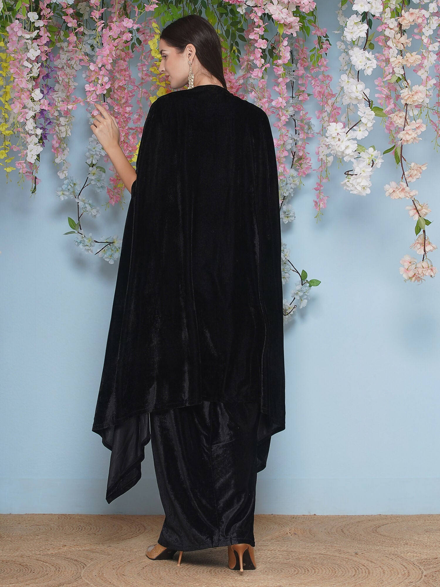 Black Hand Embellished Velvet Cape with Inner and Skirt Set