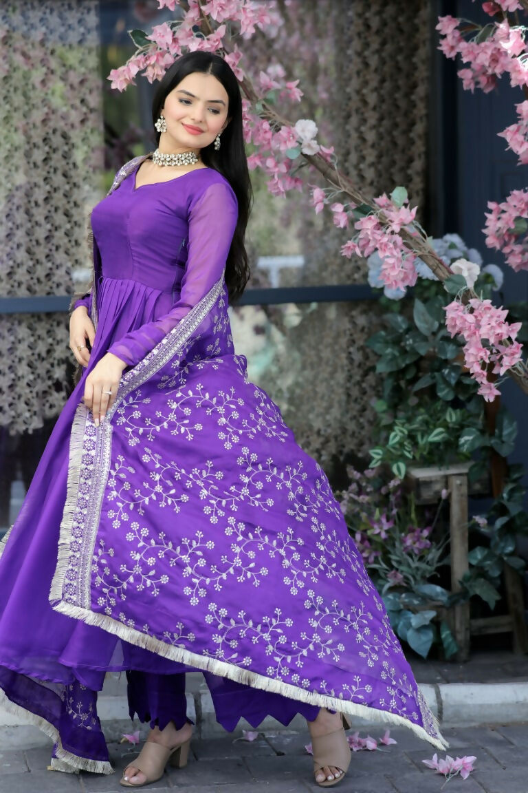 Jyoti Fashion Women's Purple Tabby Silk Designer Kurta with Trouser & Dupatta
