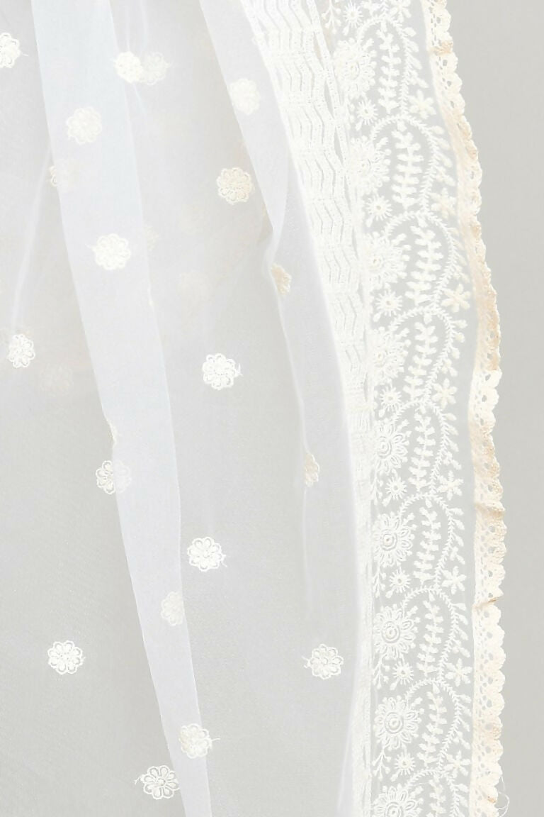 White Cotton Pakistani Karanchi Dupatta with Elegant Embroidery