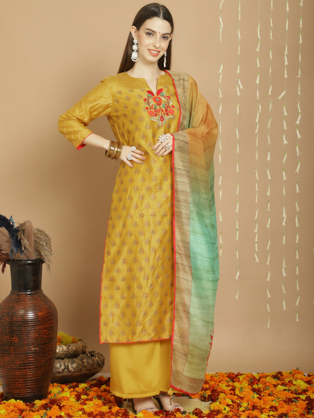 Yellow Chanderi Silk A-Line Kurta Set with Palazzo Pants