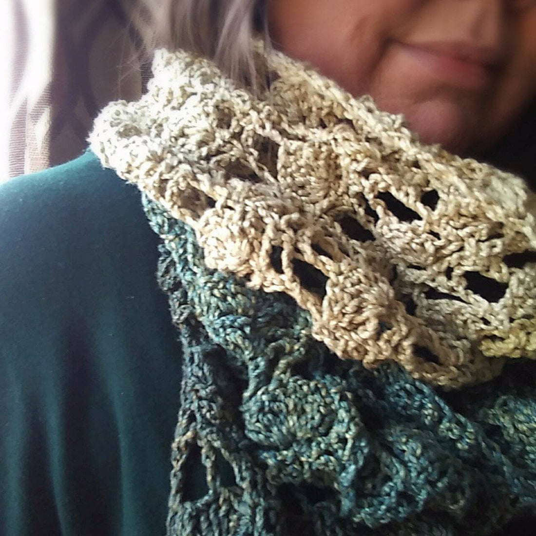 Fields of Home crochet scarf pattern in teal, olive-green, and beige tones.