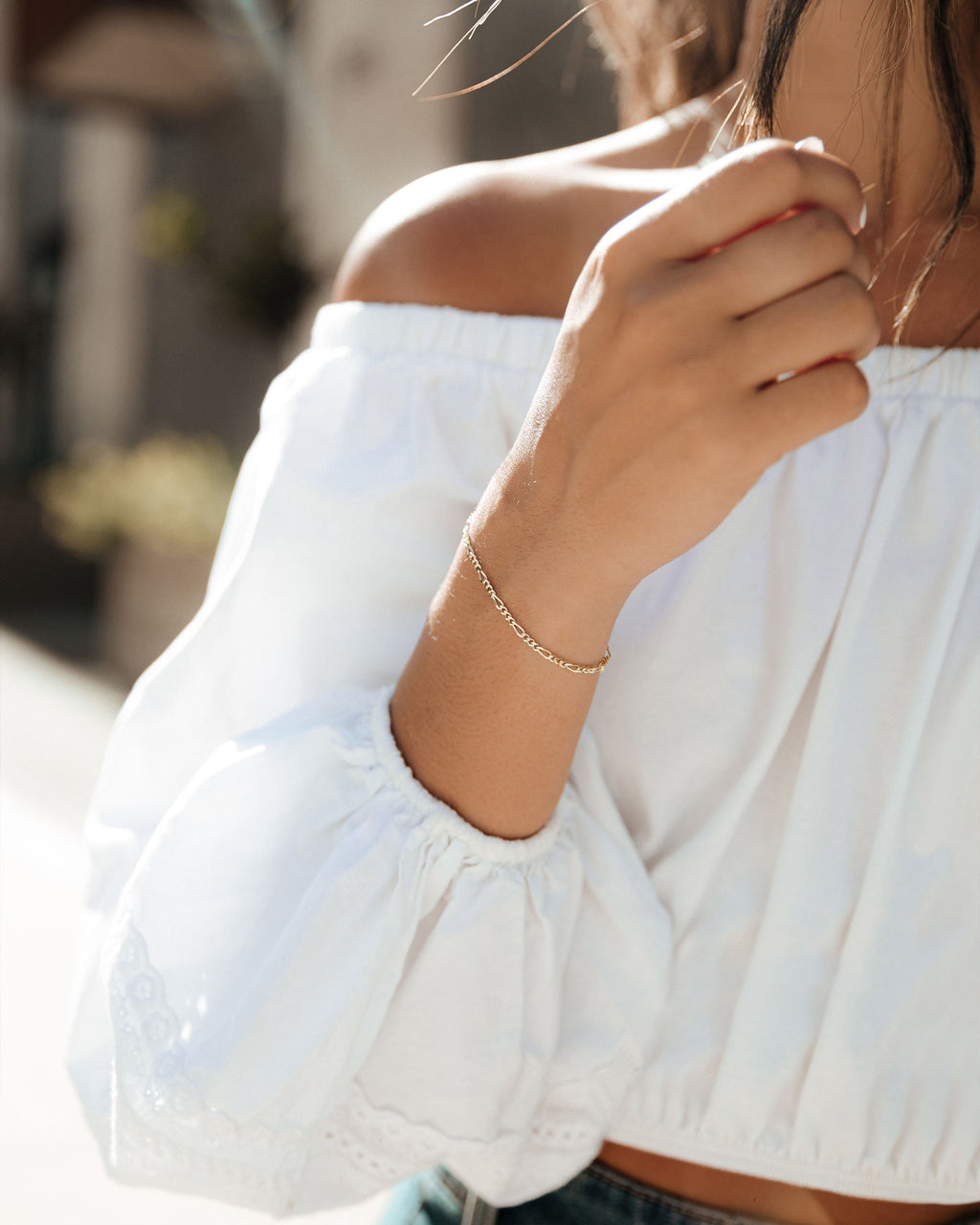 14k Gold Herringbone and Figaro Bracelet Layering Set