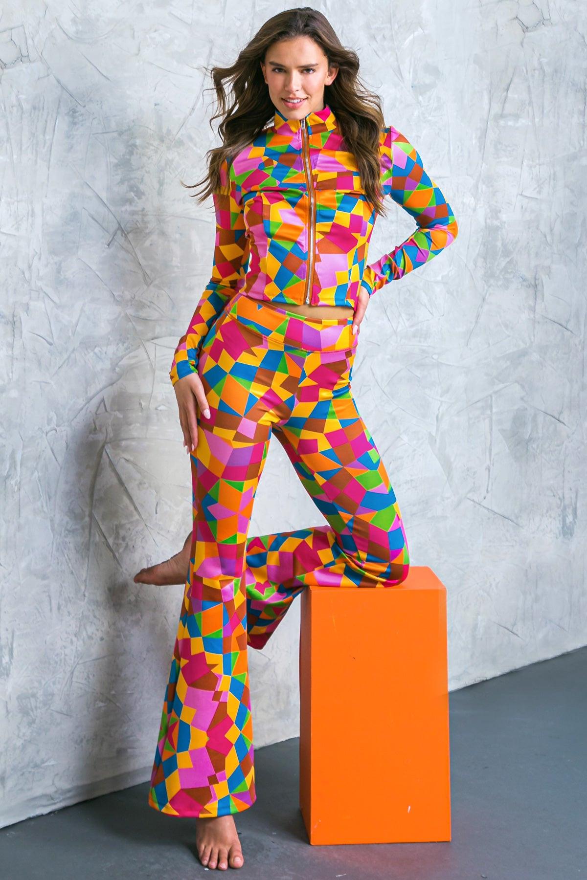 Multi-Color Geometric Scuba Tracksuit with Flare Leg Pants - Image 3