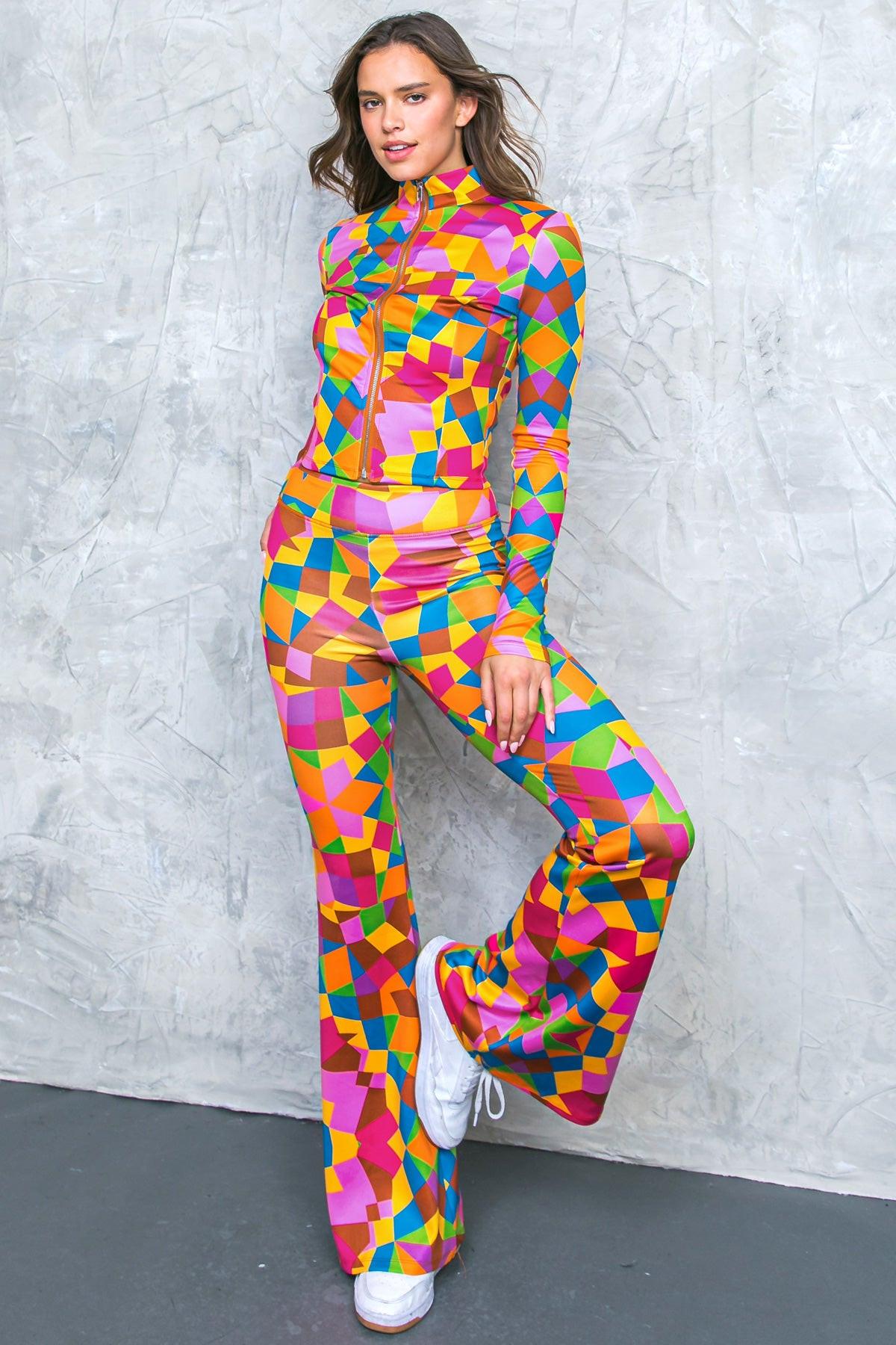Multi-Color Geometric Scuba Tracksuit with Flare Leg Pants - Image 4