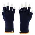 Unisex navy Merino wool fingerless gloves with orange cuff detail on a hiking trail