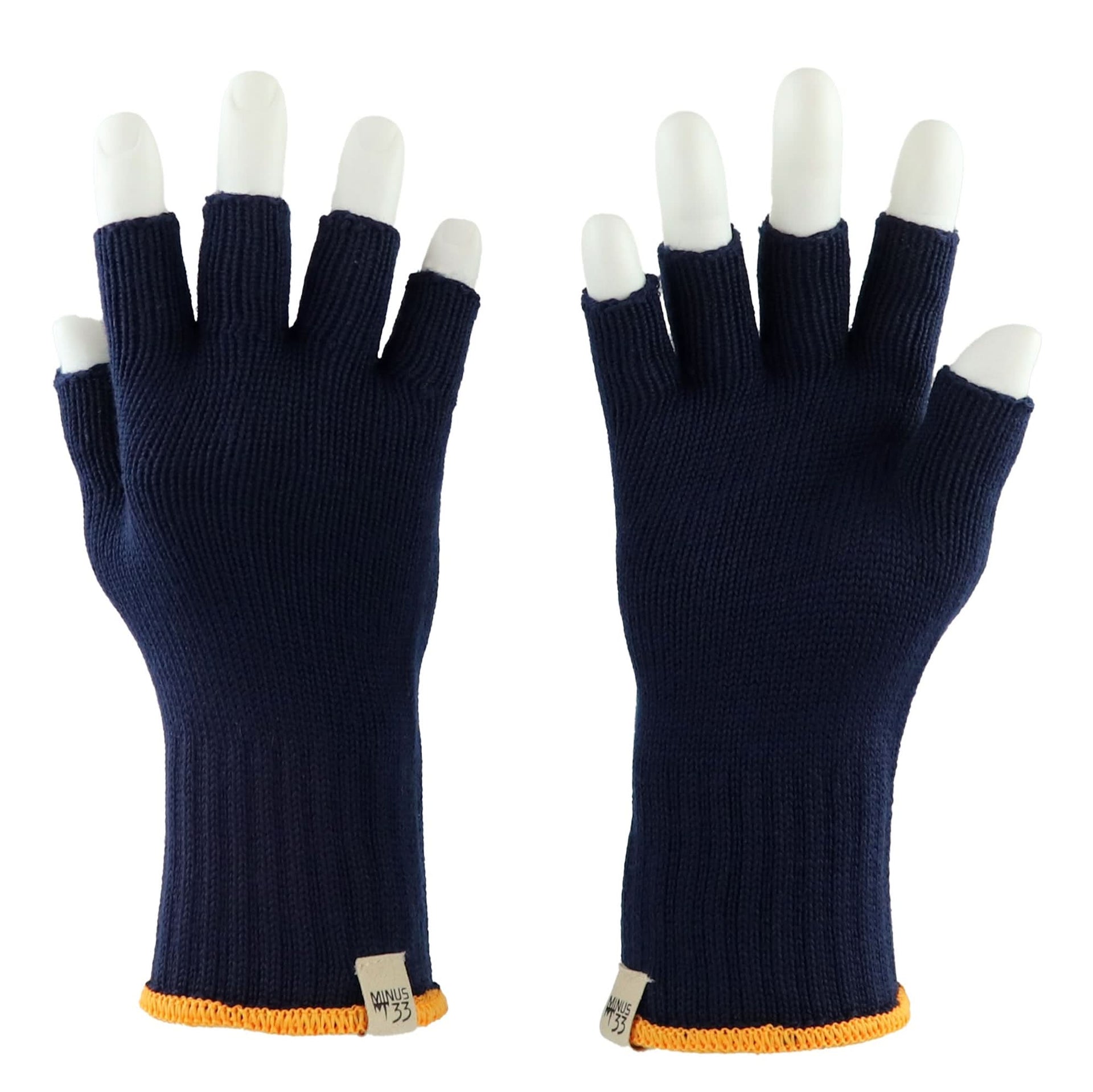 Unisex navy Merino wool fingerless gloves with orange cuff detail on a hiking trail