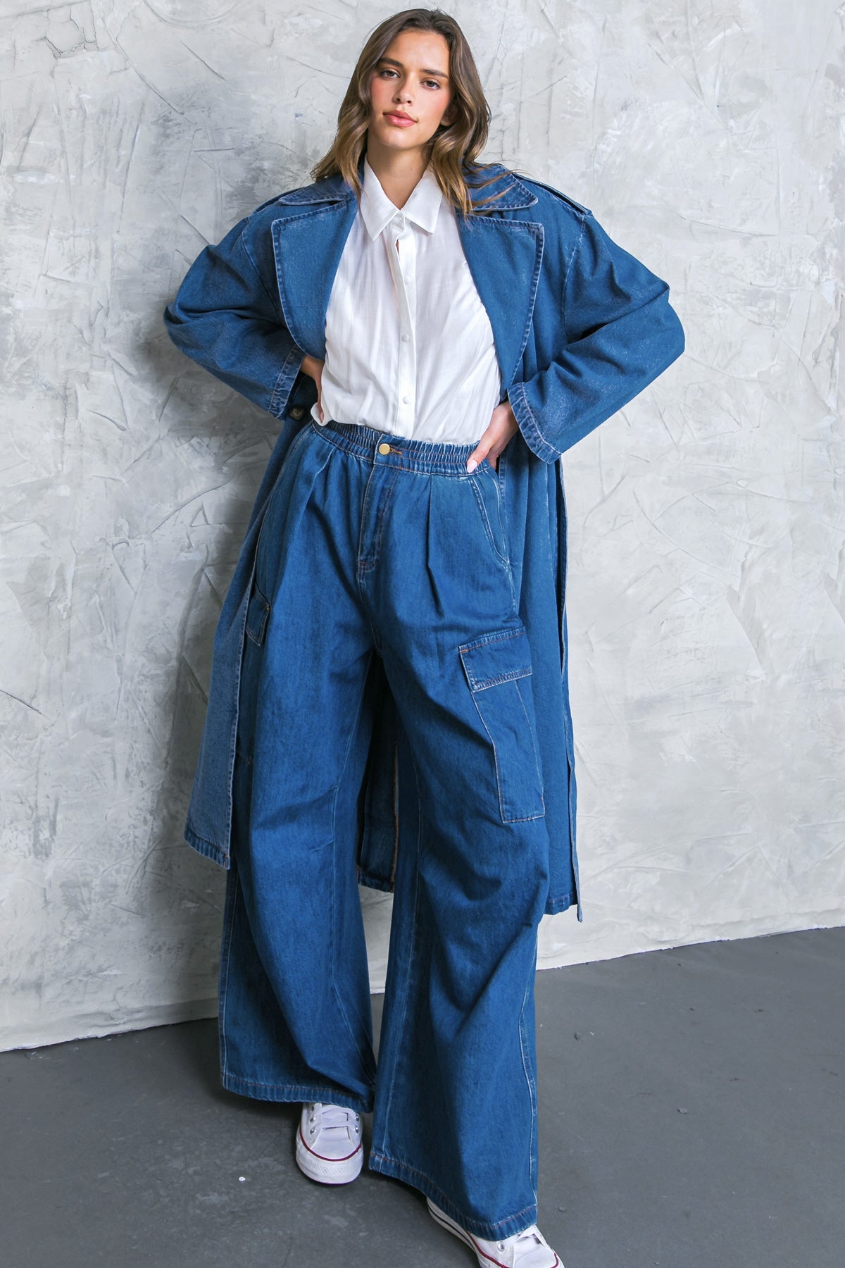 Washed Denim Wide Leg Cargo Pants with Elastic Waist - Image 6