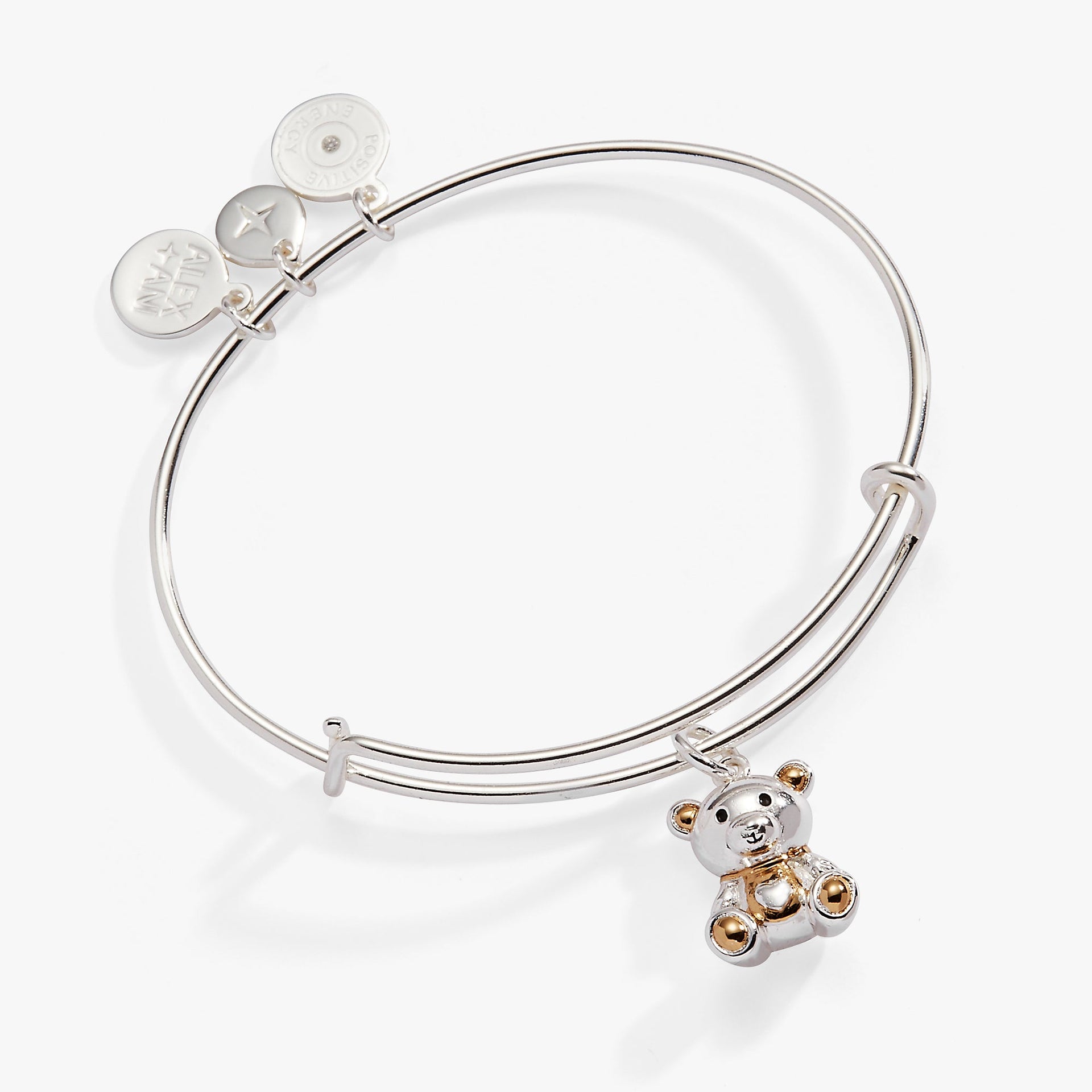 Baby's First Christmas expandable wire bangle bracelet with a two-tone teddy bear charm.