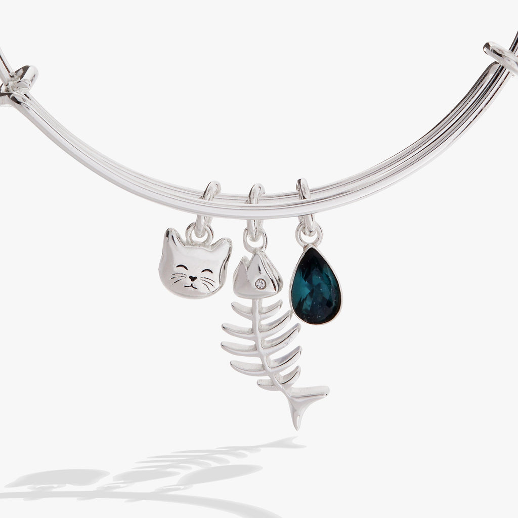 Fish Bone Cat Bangle Bracelet with Crystal Accents