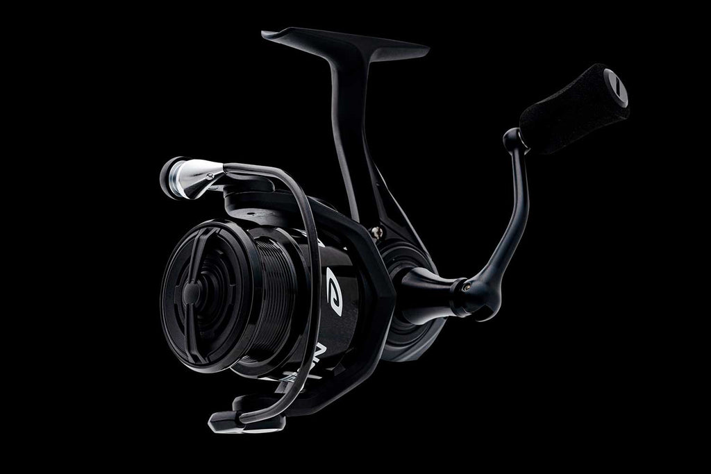 Fission Spinning Reel in black with a textured grip handle