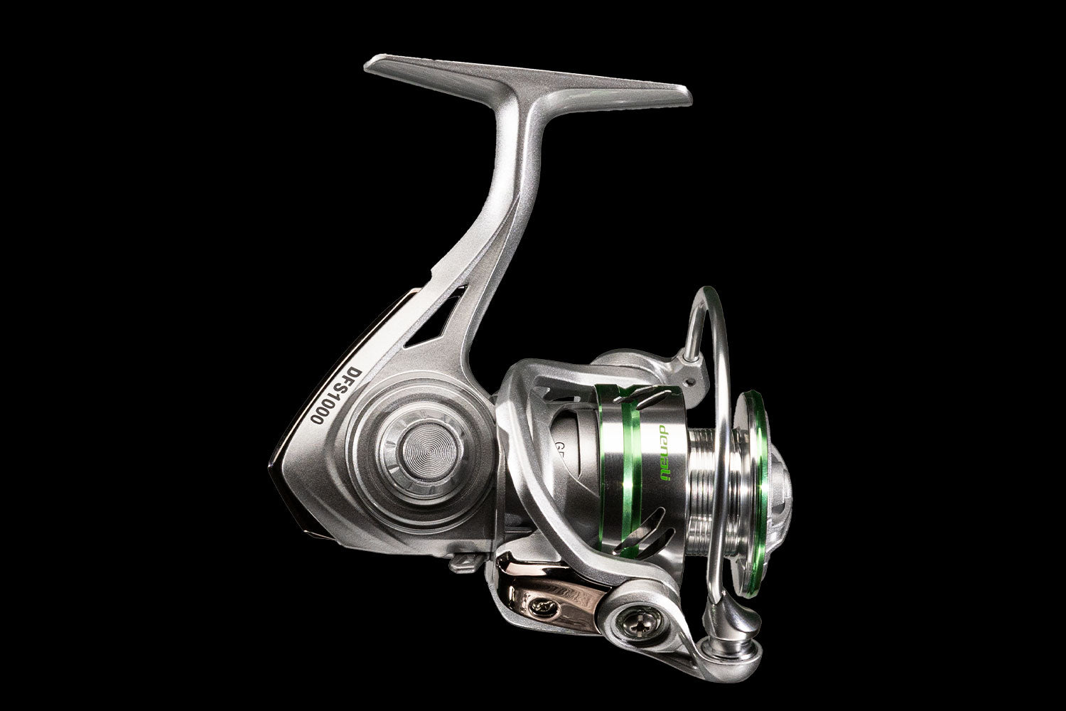 Close-up side and front view of the silver Fission GEN-2 spinning fishing reel with green accents
