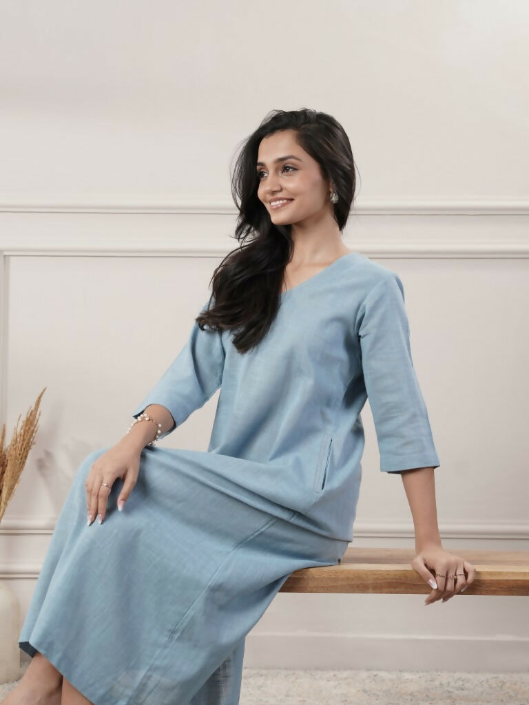 Women's Smoke Blue V-Neck Dress with Cap Sleeves