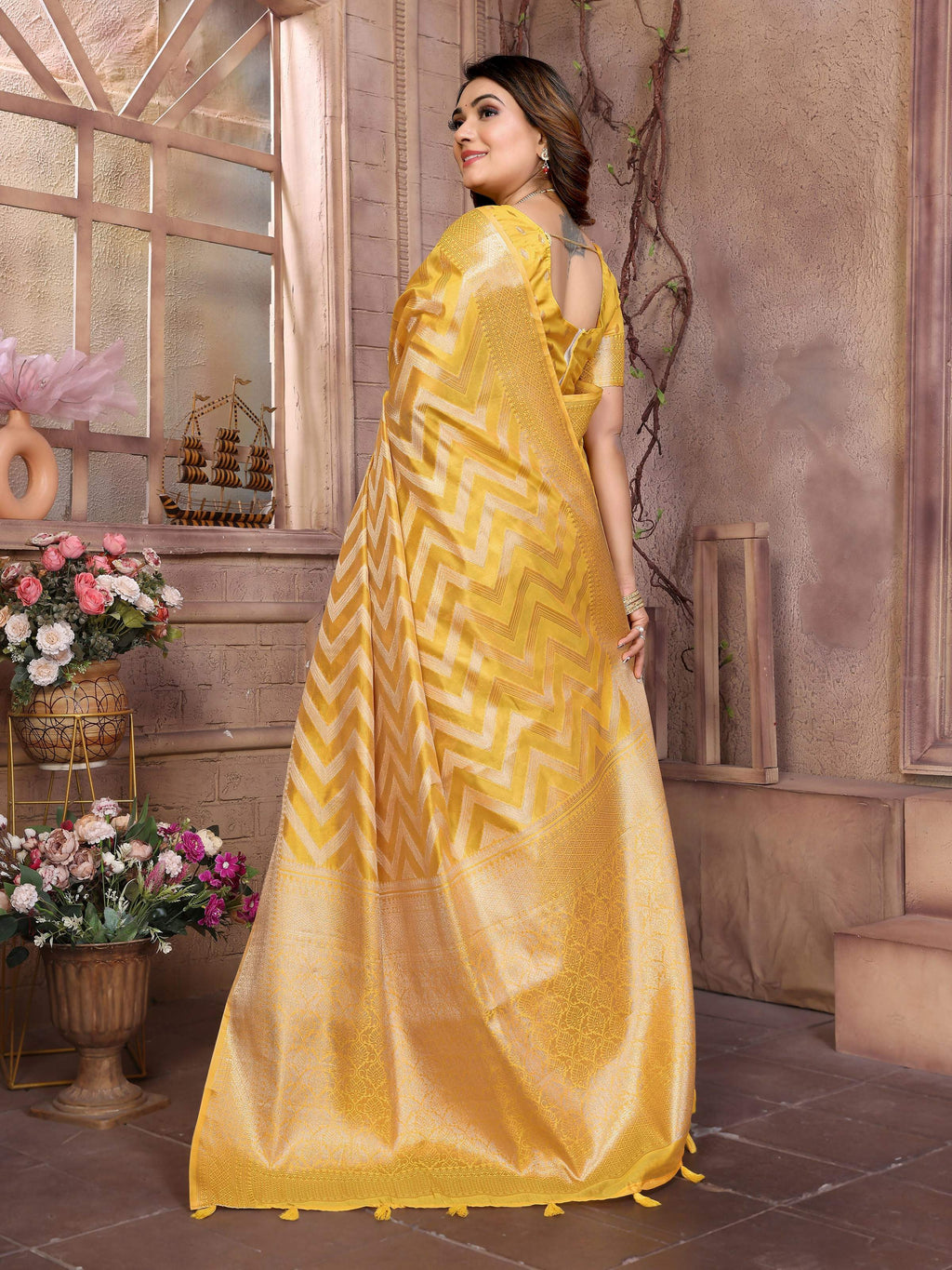 Yellow Soft Organza Silk Weaving Saree with Matching Blouse