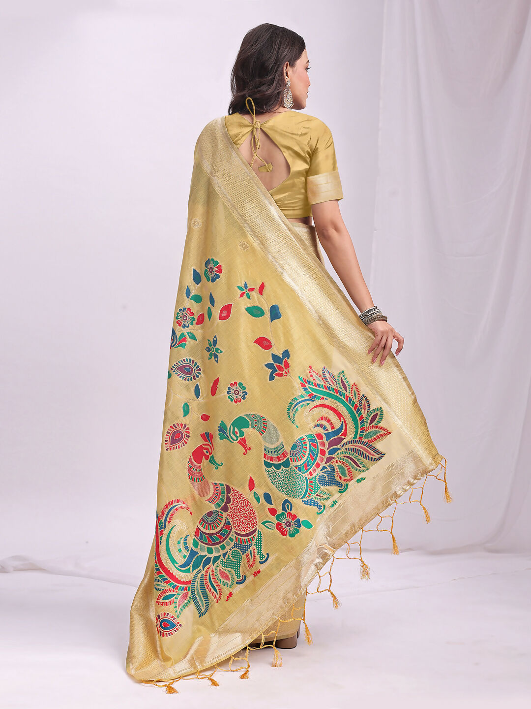 Women's Yellow Linen Cotton Saree - Classic Traditional Ethnic Wear