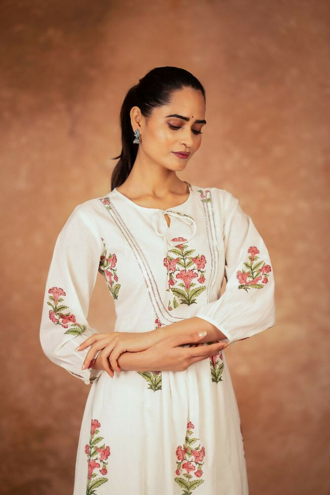 Off White & Pink Floral Hand Block Printed Cotton Kurta Set
