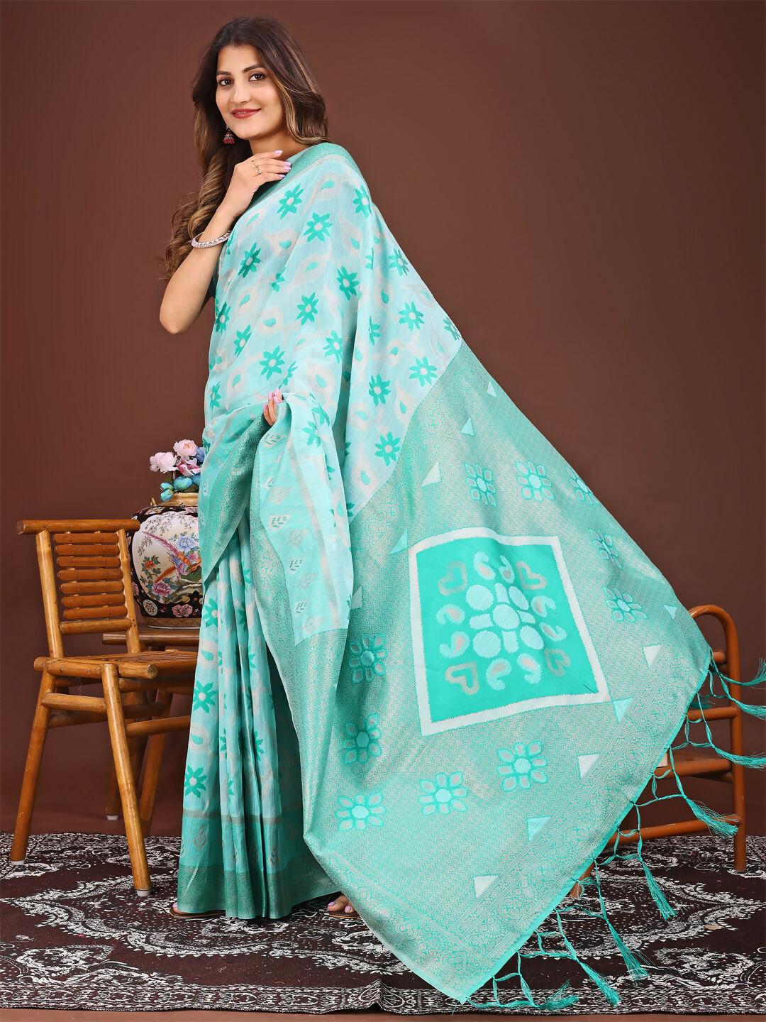 Sea Green Linen Cotton Saree with Matching Blouse Piece