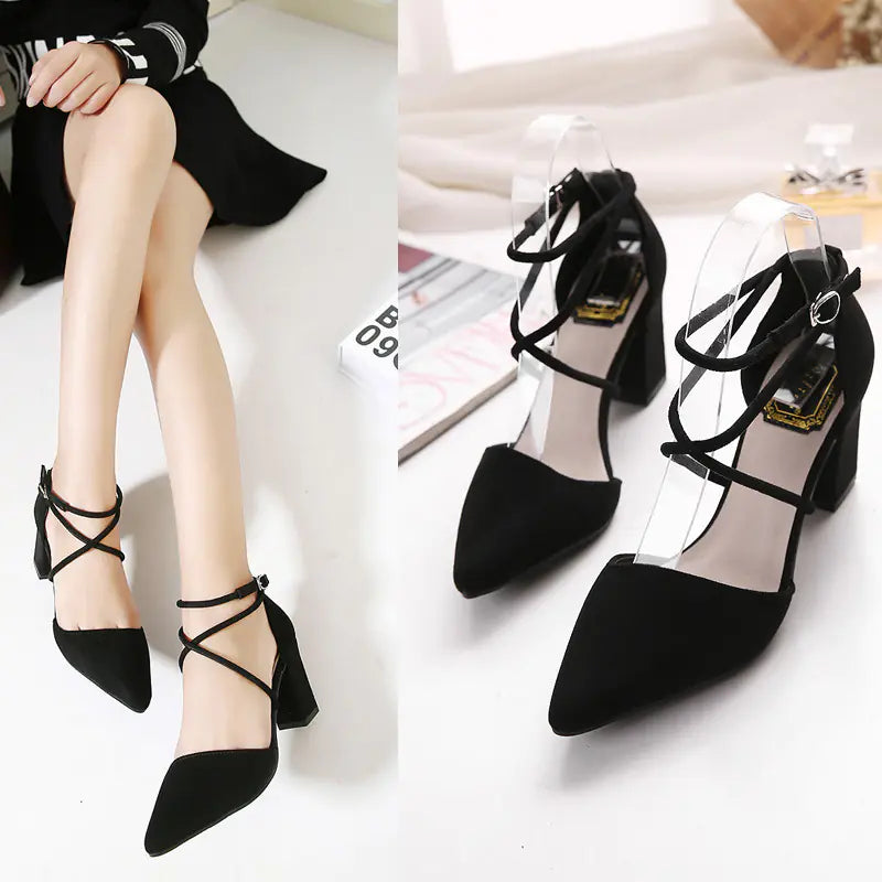 Women's Pointed Toe Suede Chunky Block Heel Ankle Strap Pumps - Image 12