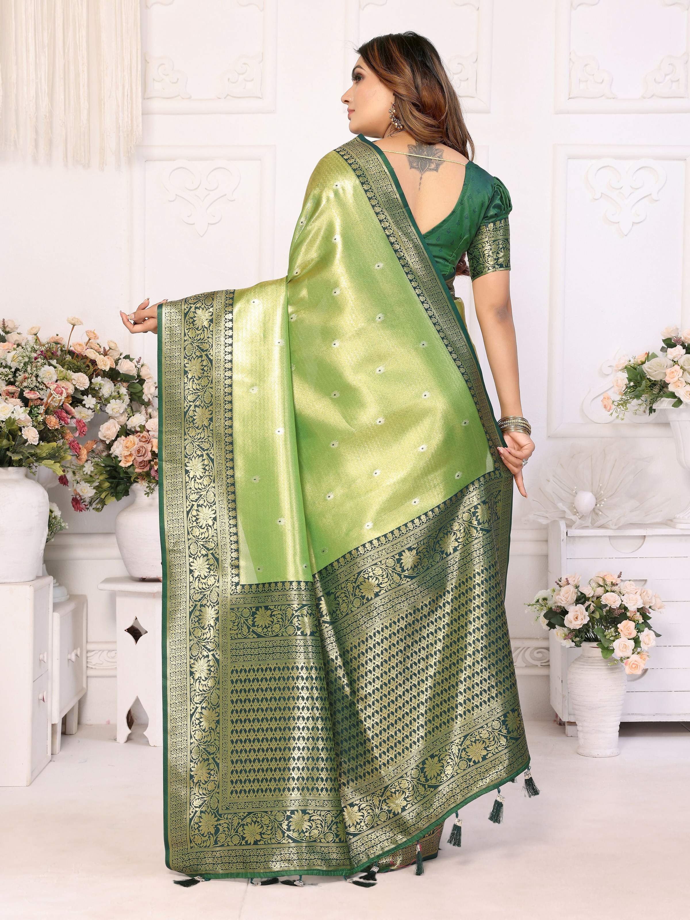 Pista Tissue Silk Weaving Saree Elegant Ethnic Drape