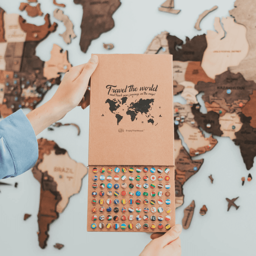 Travel-Inspired 4-Piece Wall Decor Set: Frames, Pins, and Flags