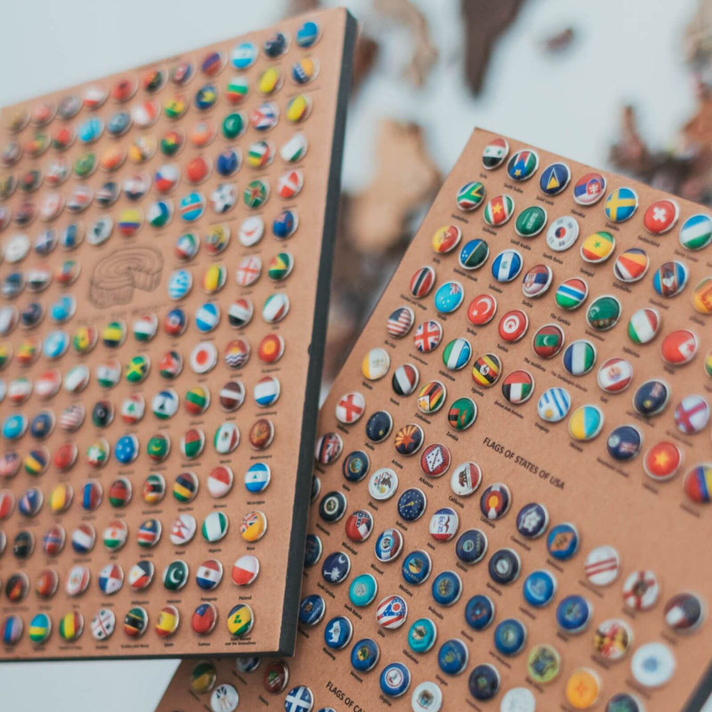 Wooden World Map Bundle with Colored Flag Pins for Travel Lovers