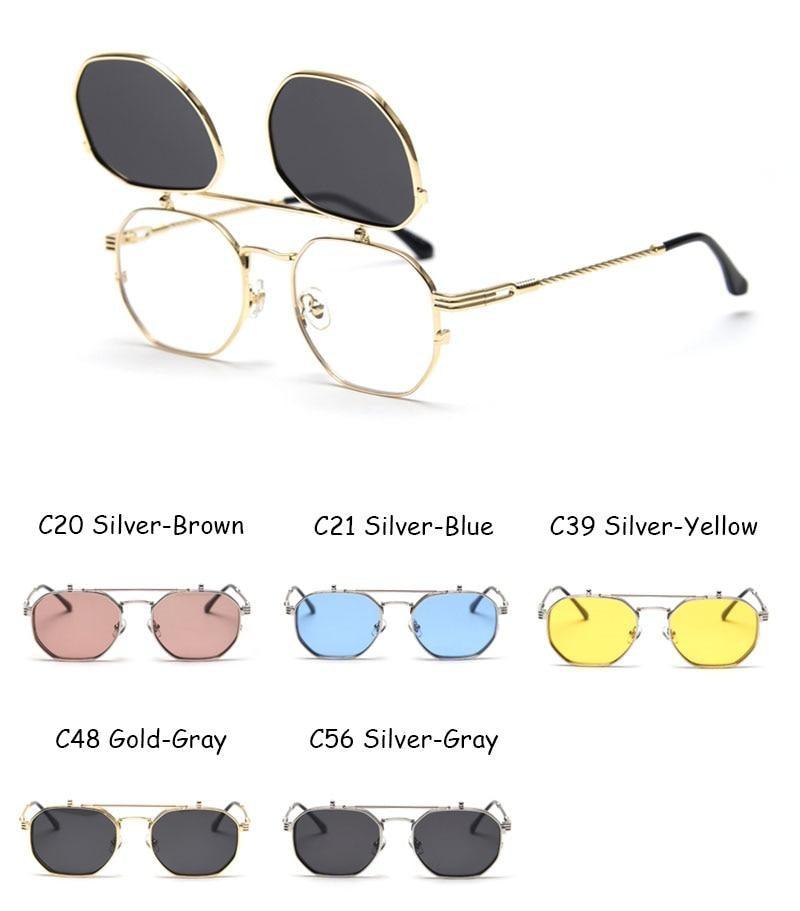 Polarized Hexagonal Polygon Flip-Up Sunglasses Vintage Style