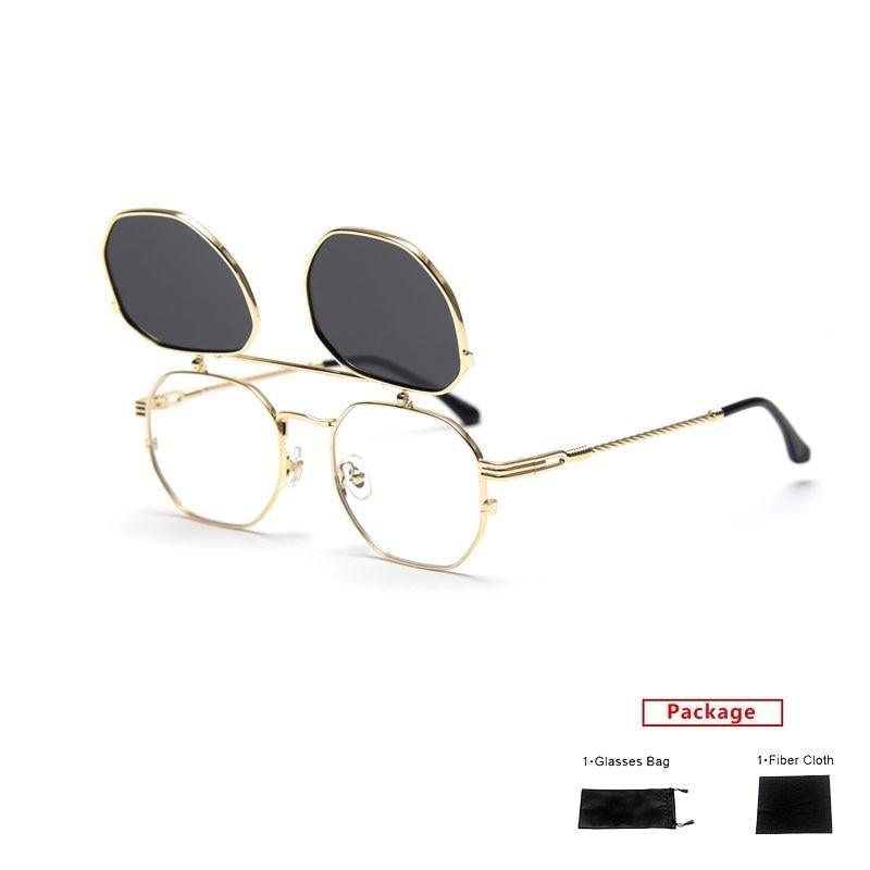 Vintage hexagonal flip-up polarized sunglasses with metal frames and polygon lenses