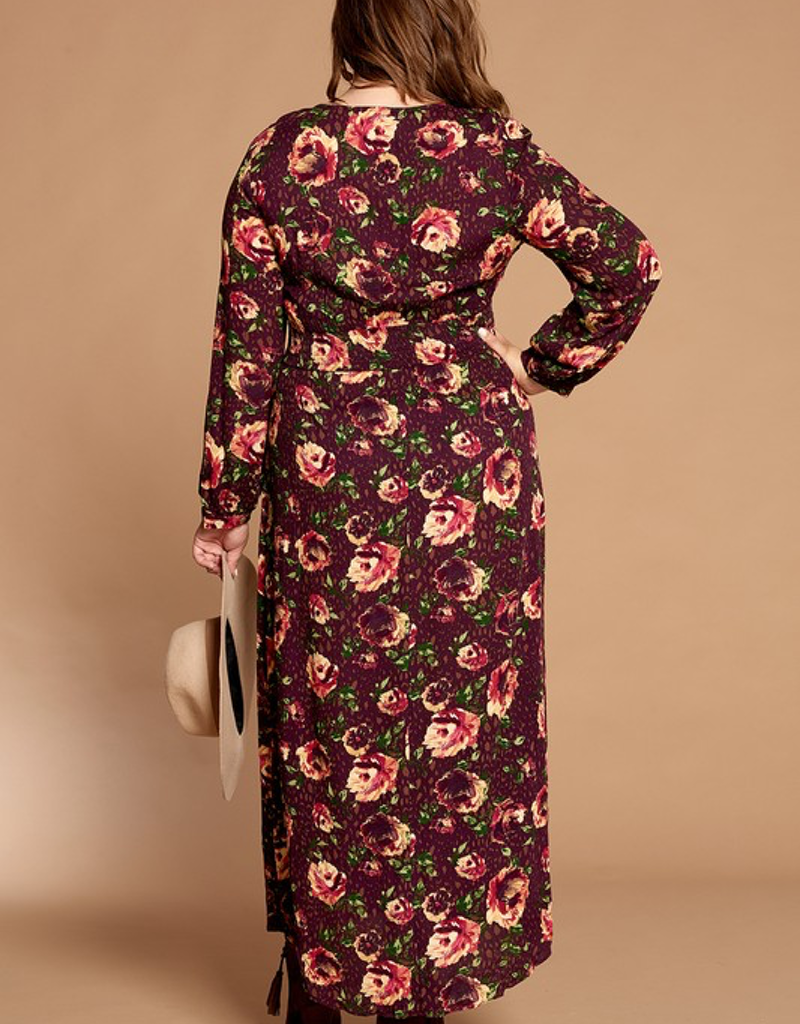 Floral Button-Down Maxi Dress in Burgundy and Cream
