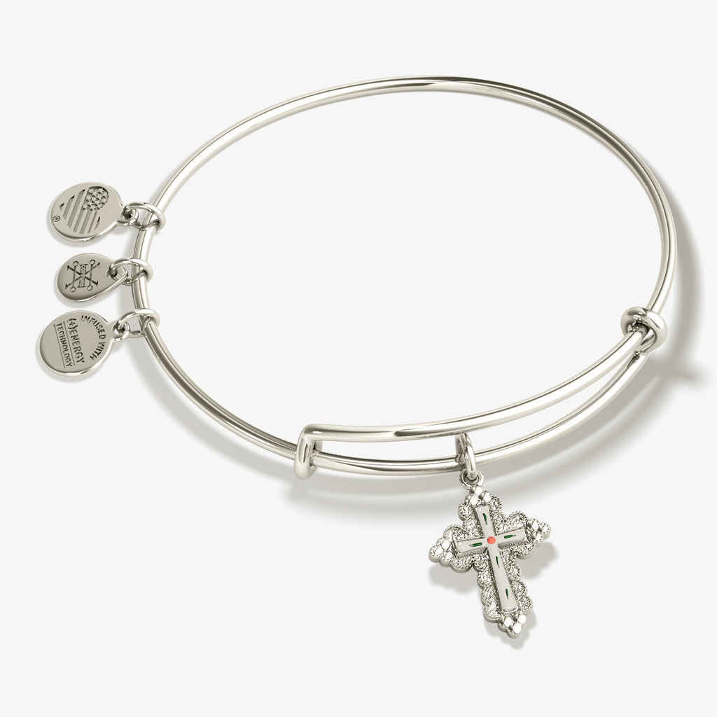 Floral cross charm bangle with intricate detailing, showcasing a feminine and spiritual design.