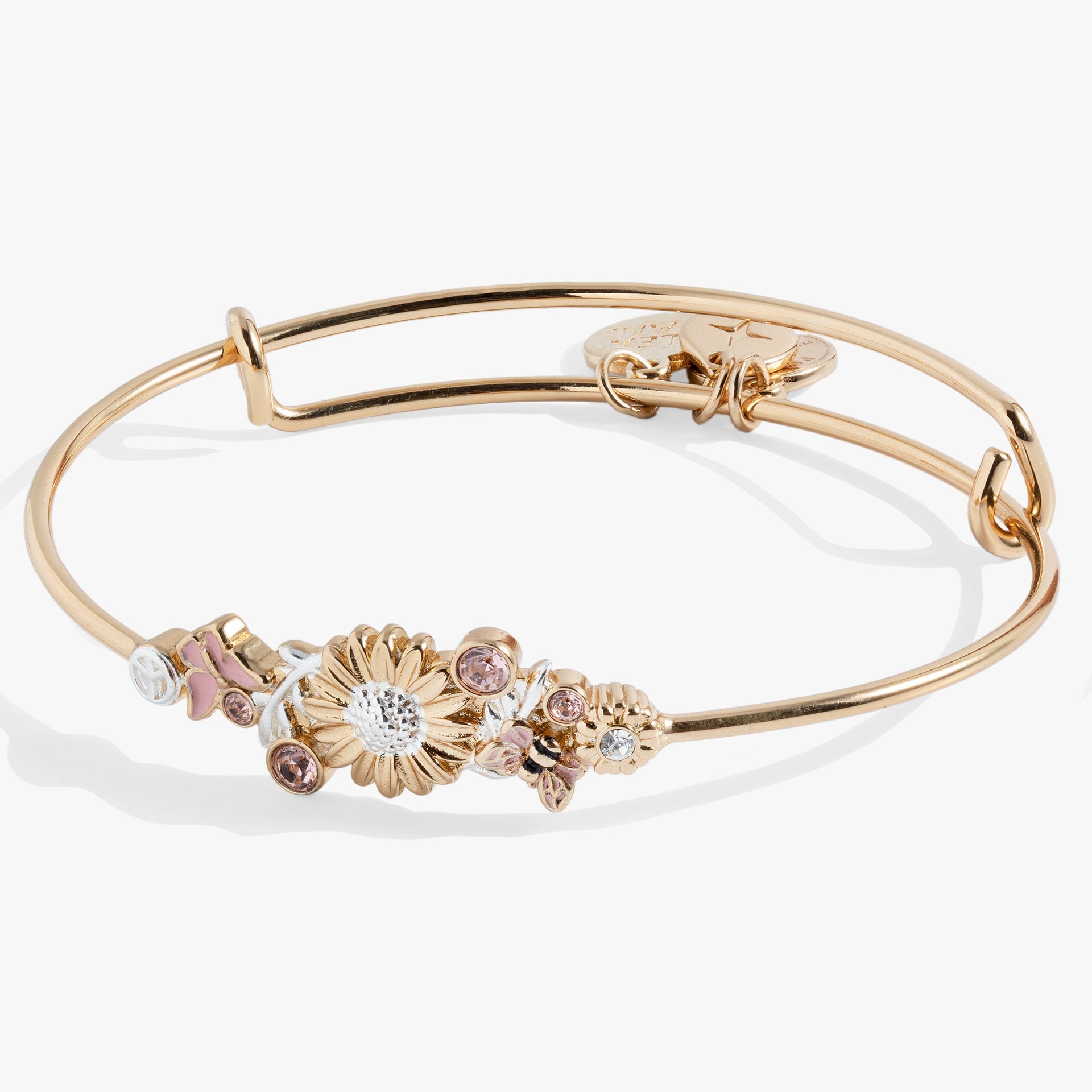 Two-tone Floral Inline Bangle featuring gold, pink, and white flower detail