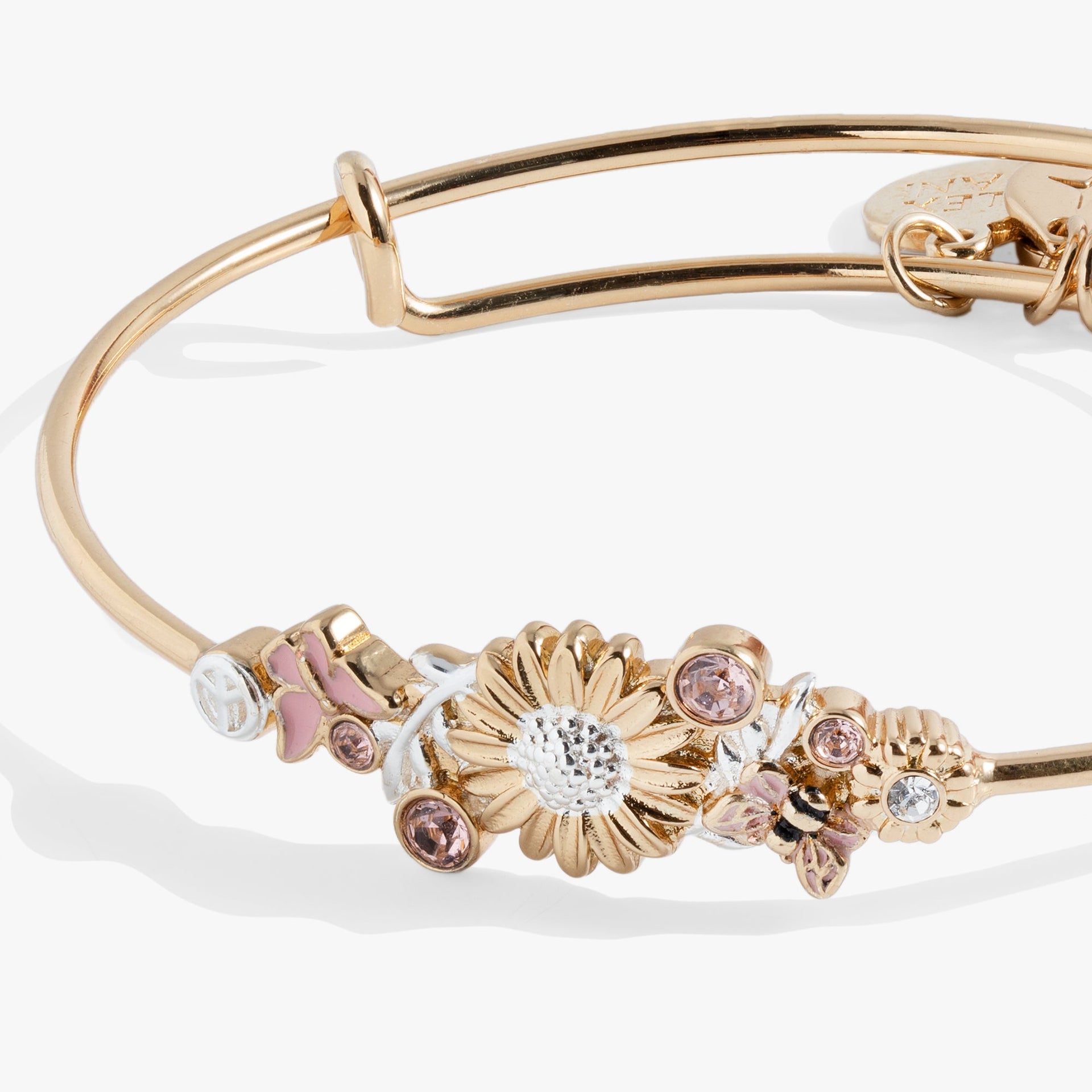 Floral Inline Bangle with Two-Tone Flower Motif Gold Pink White