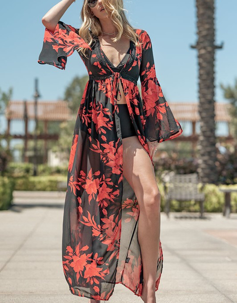 Floral print maxi length coverup cardigan with flowing silhouette