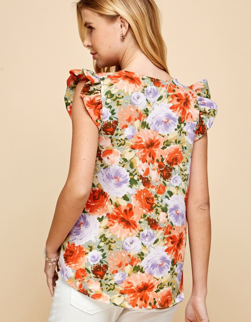Floral Print Ruffled Short Sleeve Blouse in Orange Lavender Sage