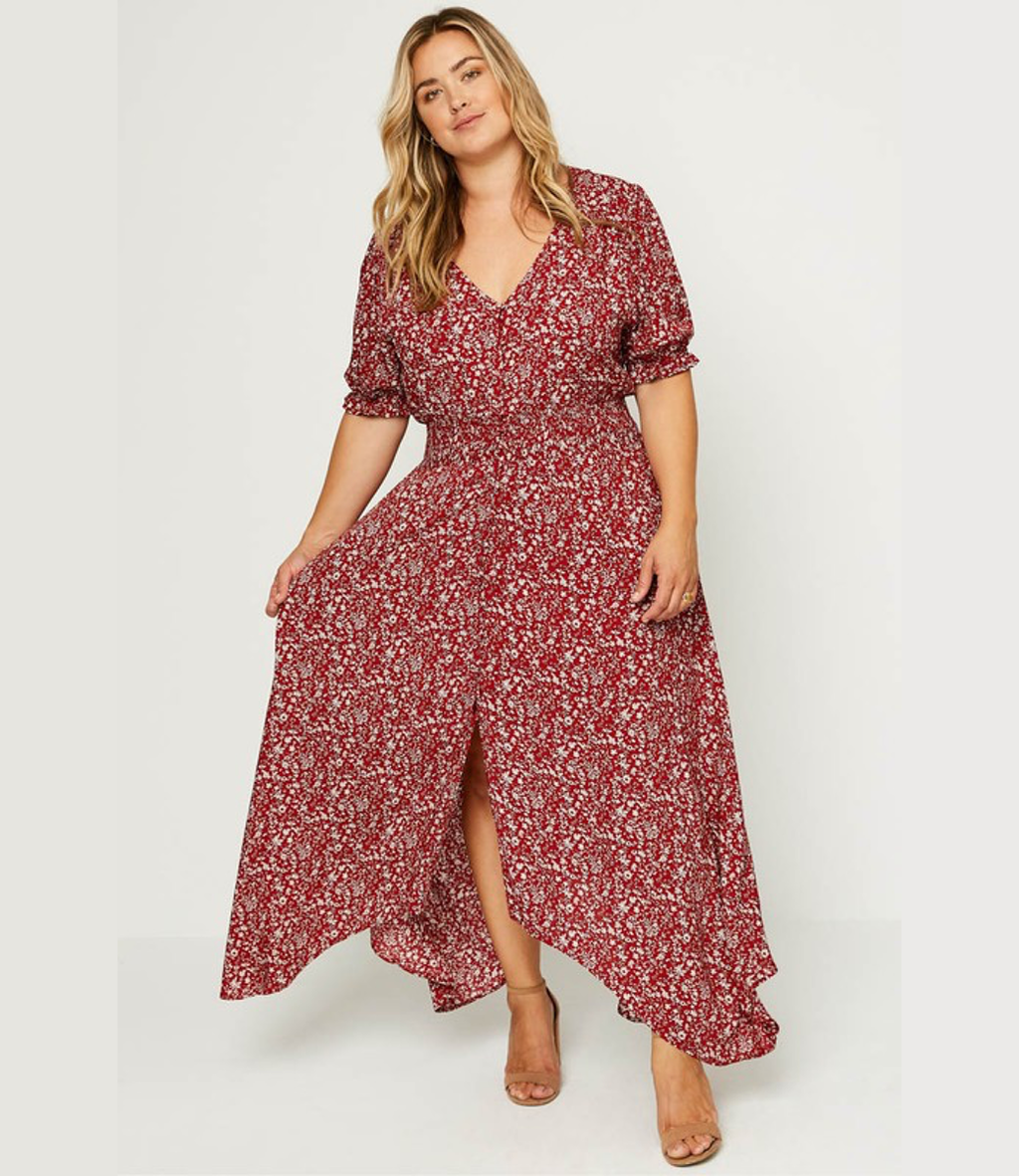 Curvy Floral Ruched Waist Maxi Dress in Red - Bohemian V-Neck