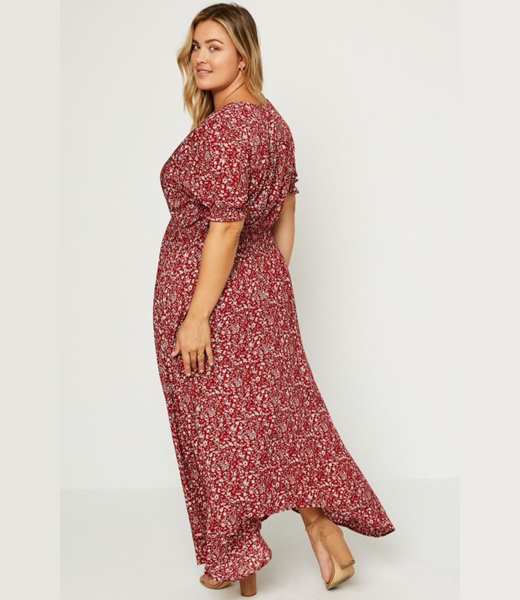 Curvy Floral Ruched Waist Maxi Dress in Red - Bohemian V-Neck