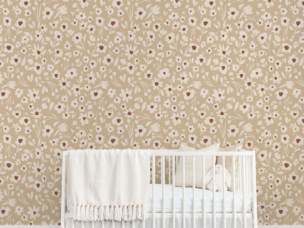 Laurel Floral Removable Wallpaper in Tan, Cream and Terracotta