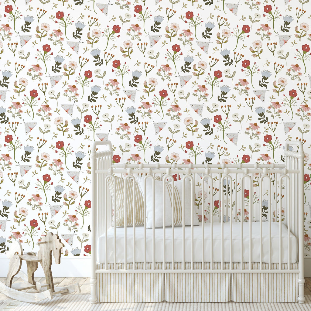 Payson floral wallpaper in bohemian sage-green, pink, and light-blue