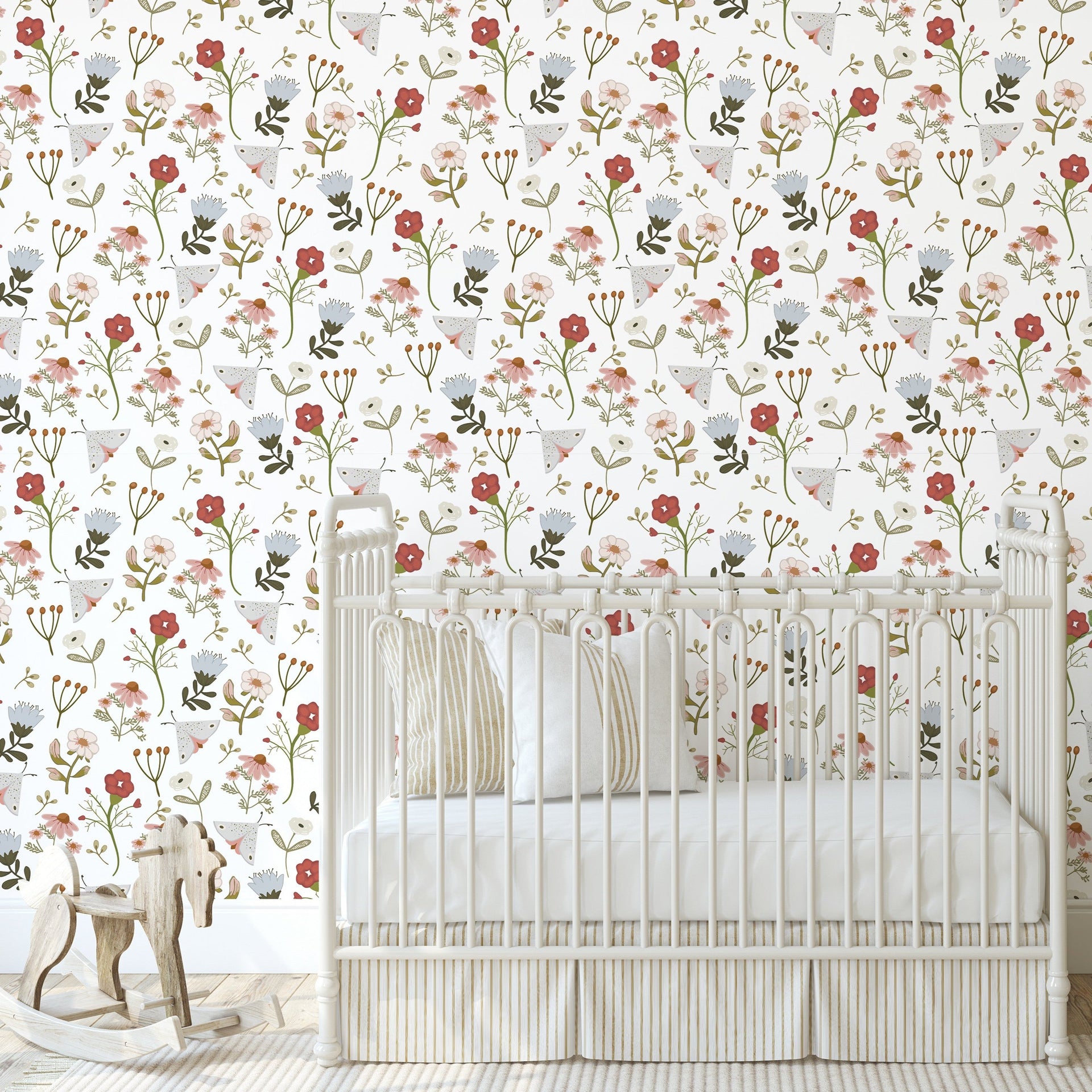 Payson floral wallpaper in bohemian sage-green, pink, and light-blue