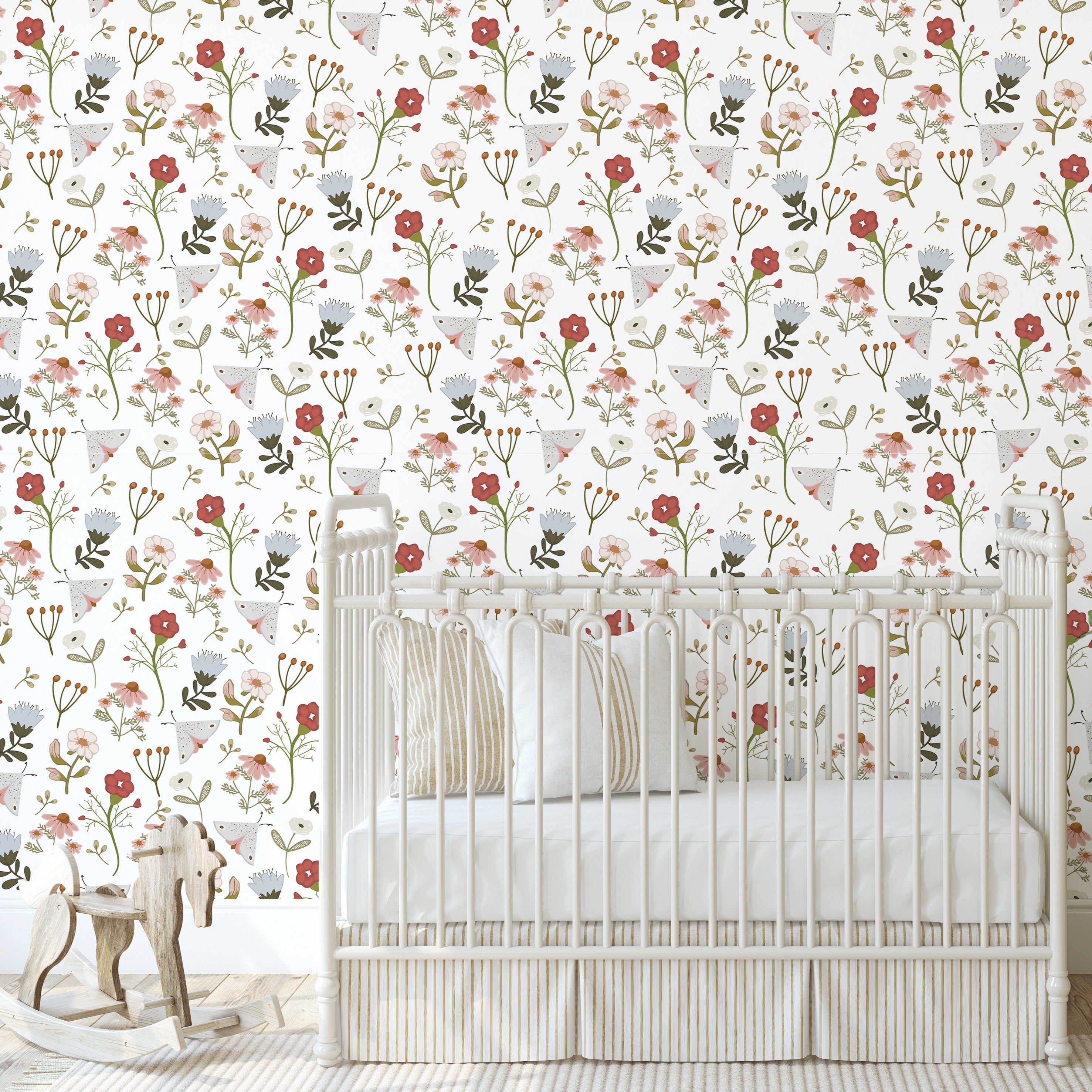 Payson floral wallpaper in bohemian sage-green, pink, and light-blue