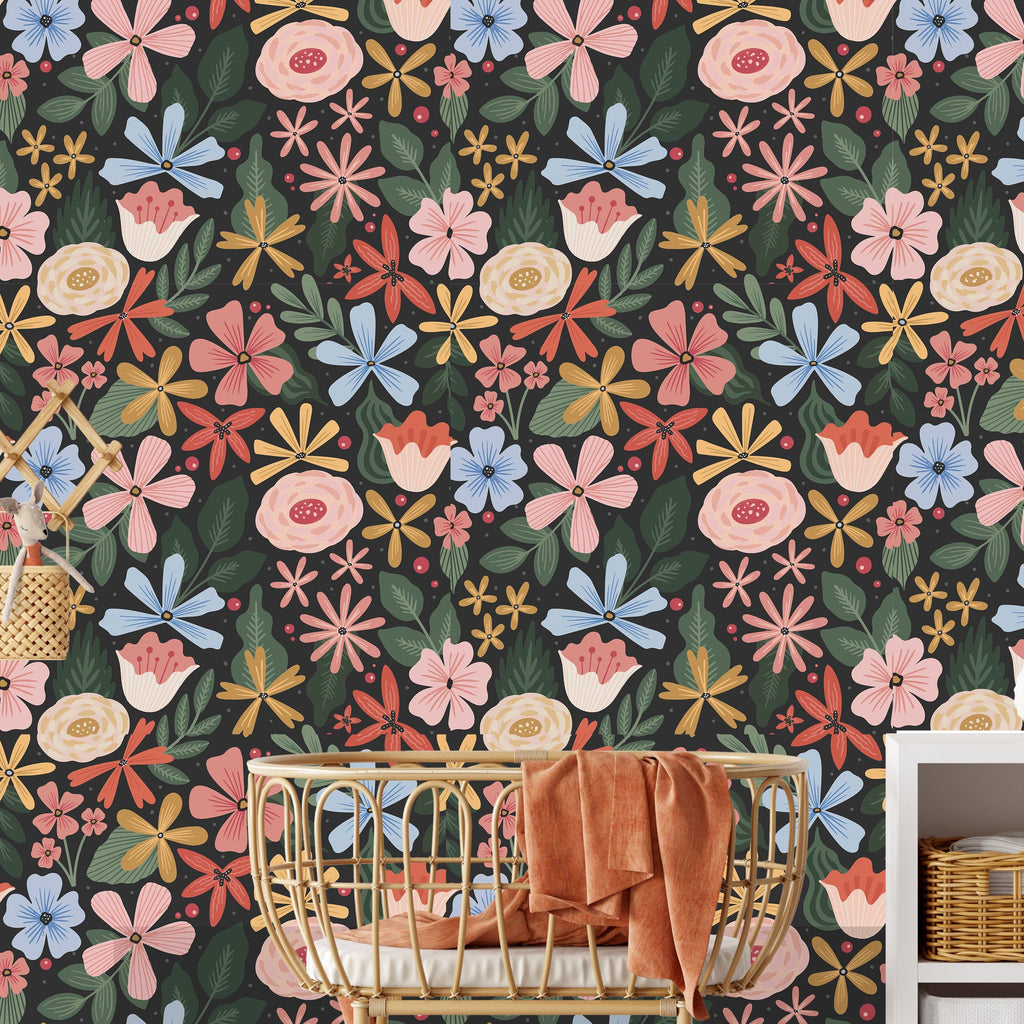 Macarena floral wallpaper featuring vibrant pink, mustard yellow, and forest green tones