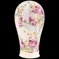 21 inch poly block canvas display head featuring a vintage floral print with magenta roses and sage green foliage on a cream background