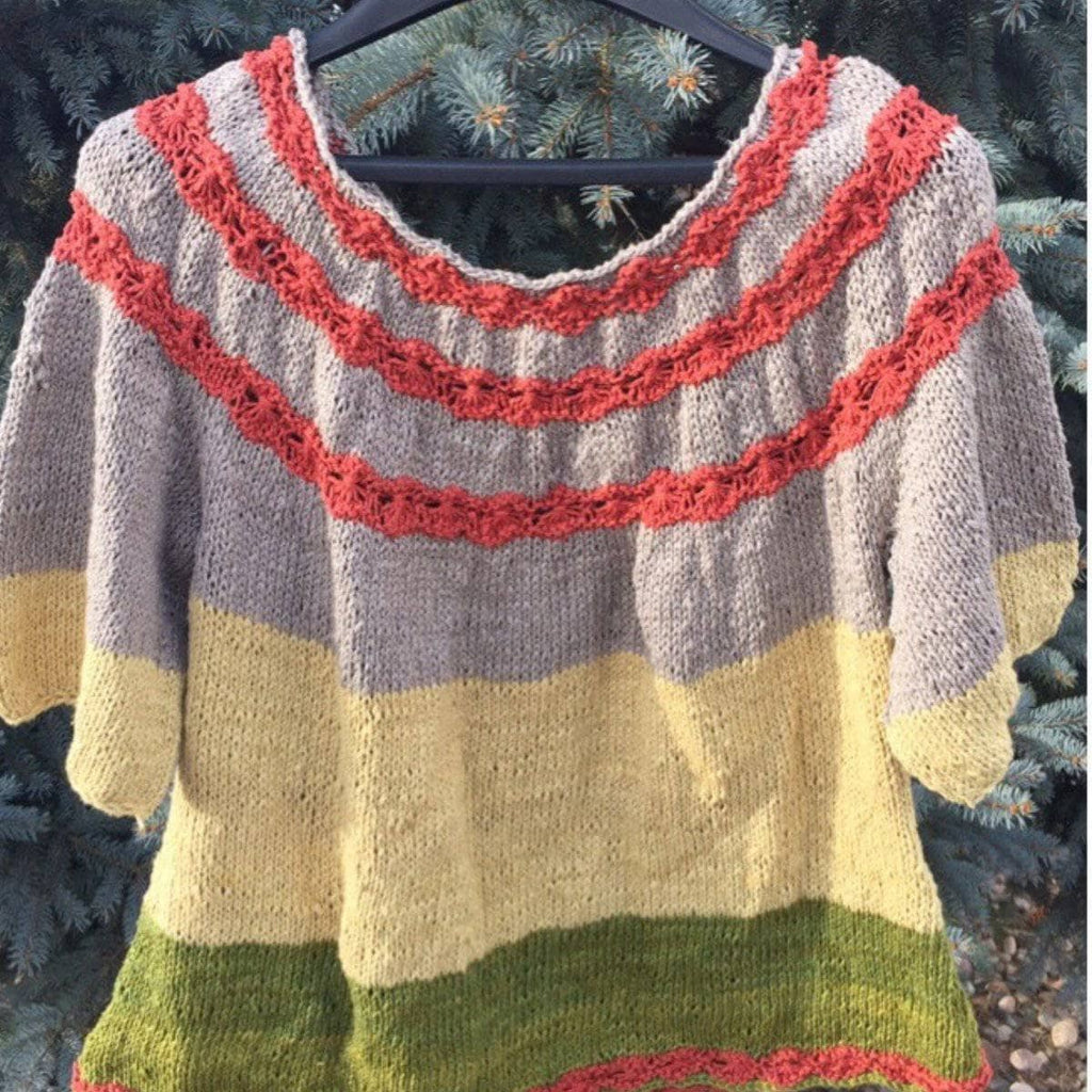Close up of the Flowers-in-a-Row sweater knitting pattern showing the floral yoke design