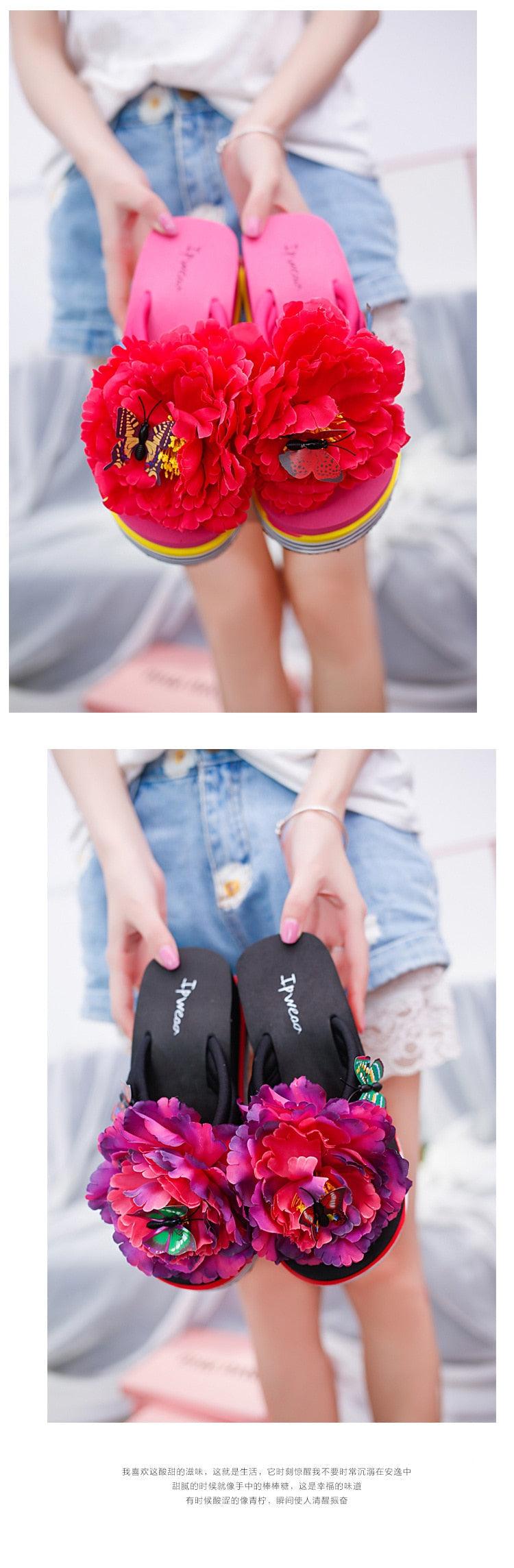 Floral Platform Flip Flops - Women's Summer Slide Beach Sandals
