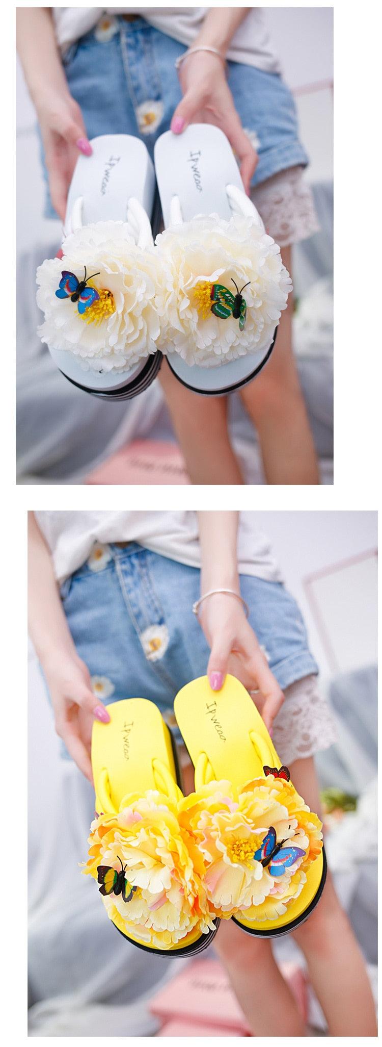 Floral Platform Flip Flops - Women's Summer Slide Beach Sandals