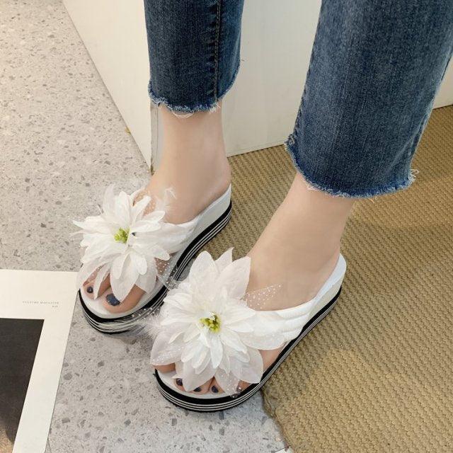 Floral Platform Flip Flops - Women's Summer Slide Beach Sandals
