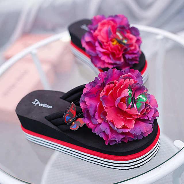 Floral Platform Flip Flops - Women's Summer Slide Beach Sandals