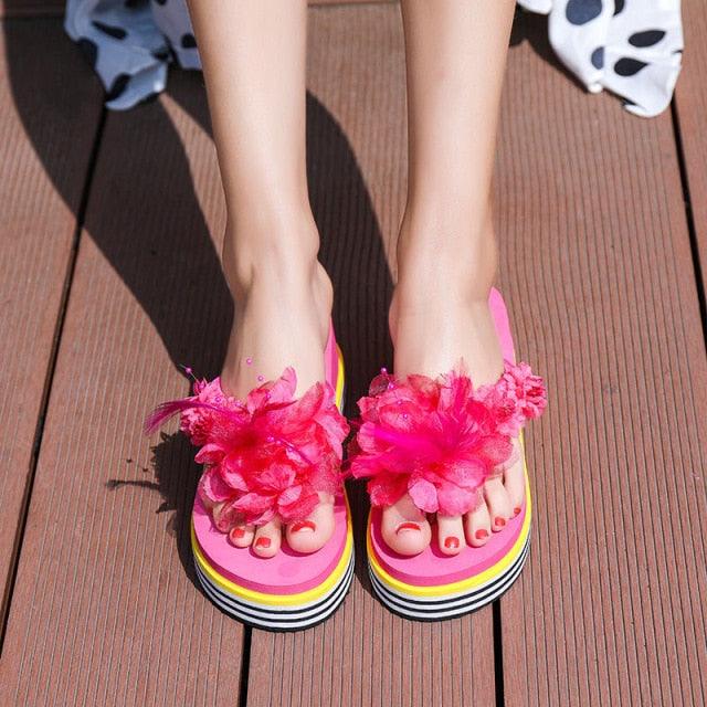 Floral Platform Flip Flops - Women's Summer Slide Beach Sandals