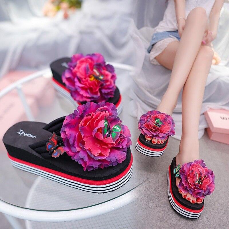 Floral Platform Flip Flops - Women's Summer Slide Beach Sandals