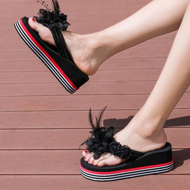 Floral Platform Flip Flops - Women's Summer Slide Beach Sandals