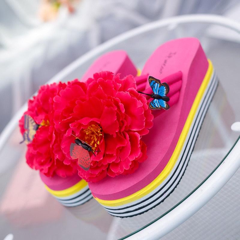 Floral Platform Flip Flops - Women's Summer Slide Beach Sandals