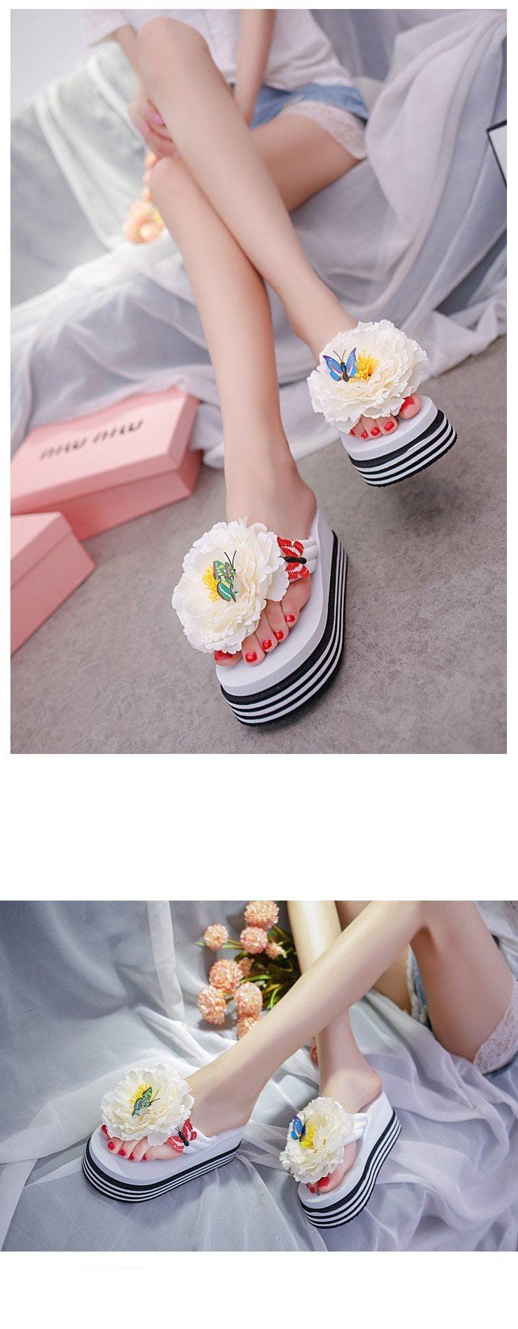 Floral Platform Flip Flops - Women's Summer Slide Beach Sandals